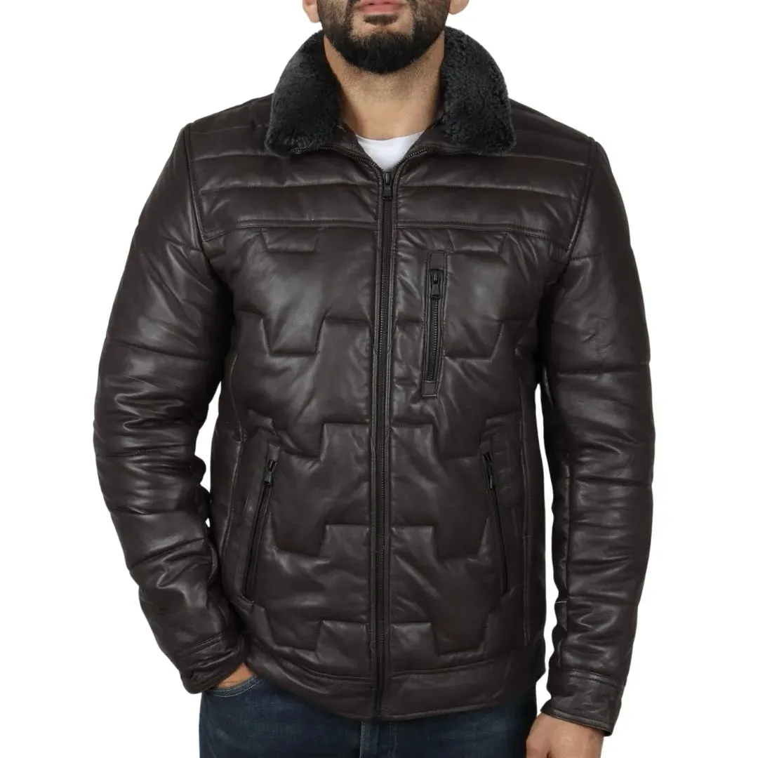 Men's Quilted Padded Real Leather Safari Coat