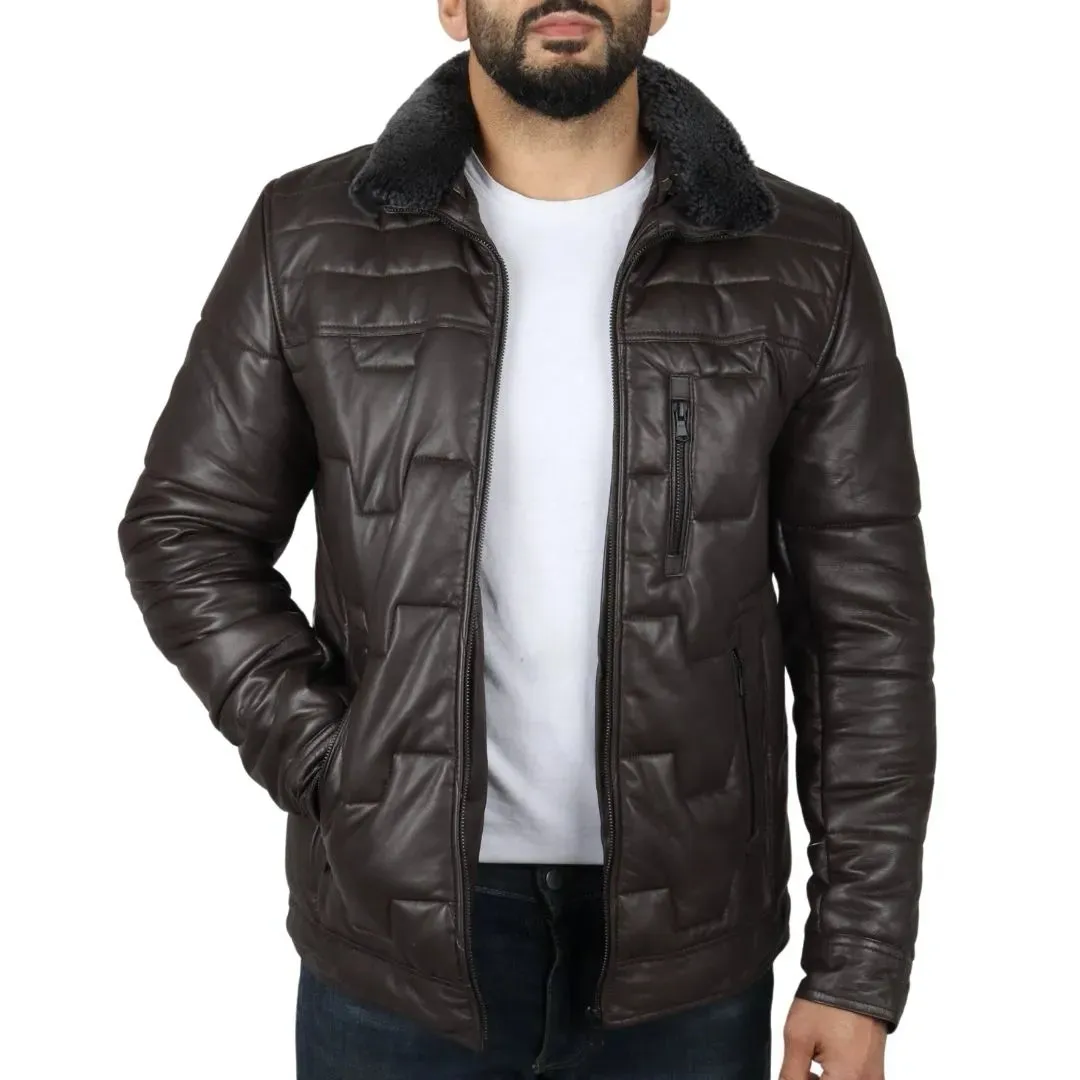 Men's Quilted Padded Real Leather Safari Coat