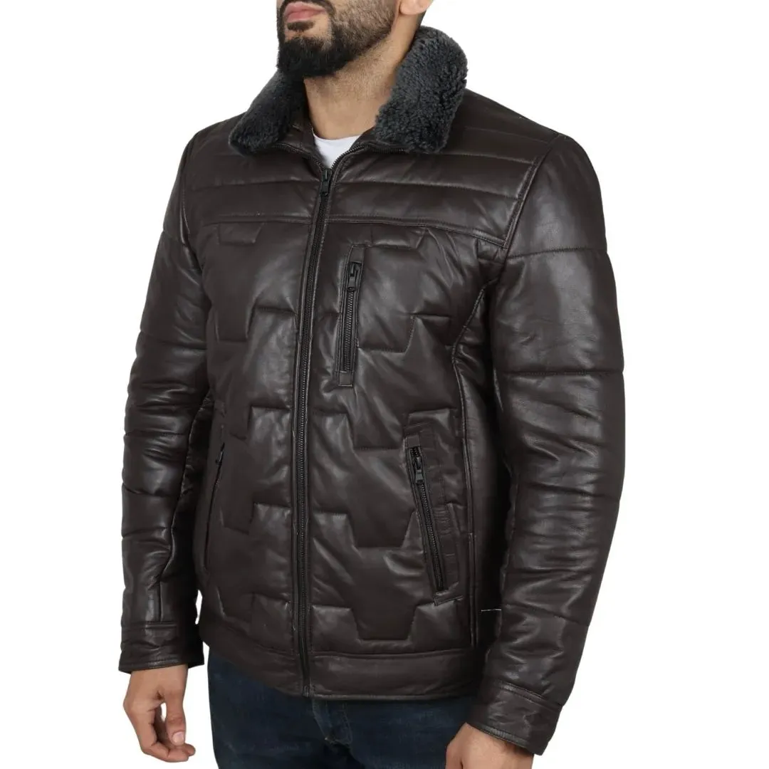 Men's Quilted Padded Real Leather Safari Coat