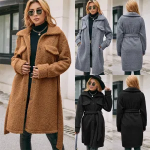 Mid-length Lapel Belted Single-breasted Plush Trench Coat