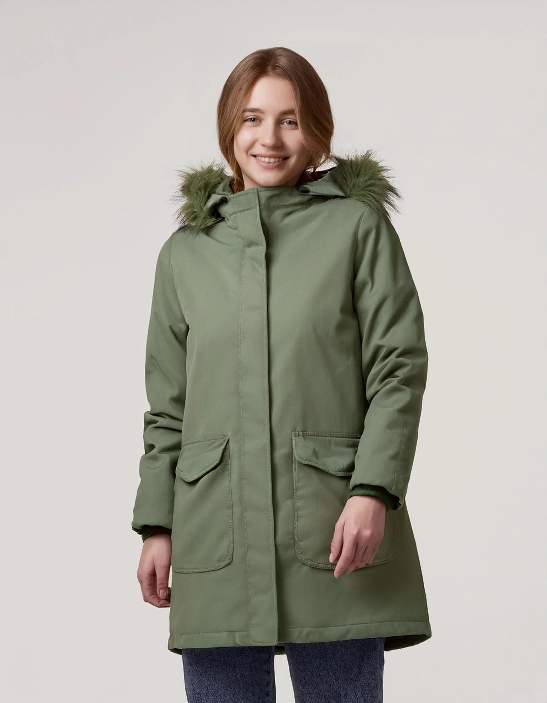 Olive Hooded Parka with Snap Buttons and Pockets