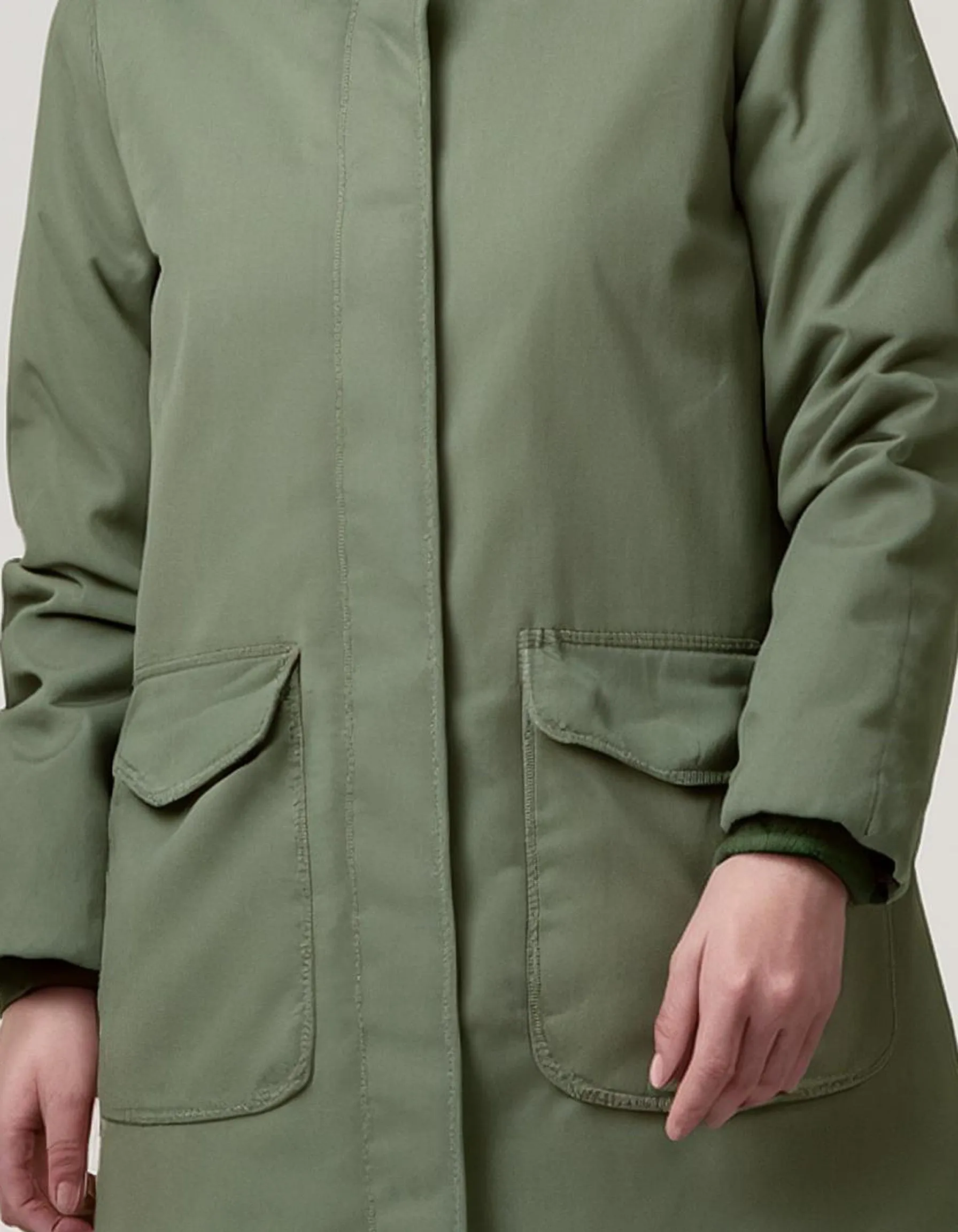 Olive Hooded Parka with Snap Buttons and Pockets