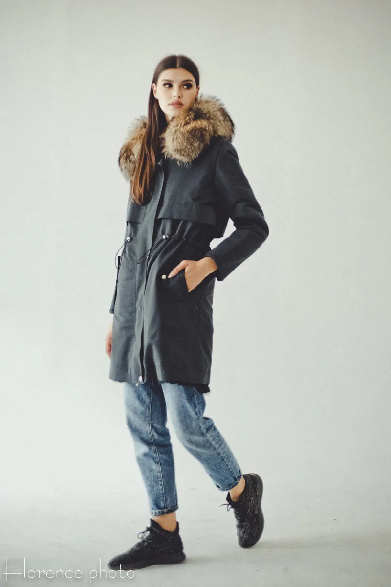 Rabbit Fur Parka Coat (Black)