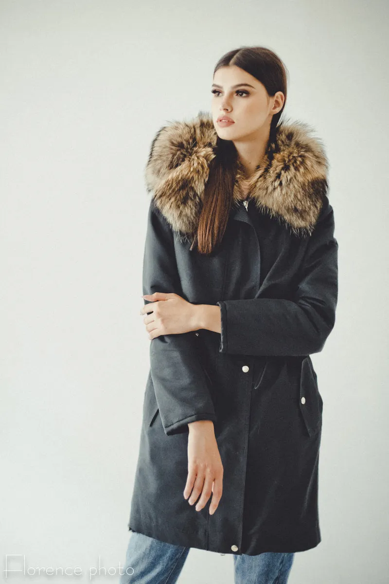 Rabbit Fur Parka Coat (Black)