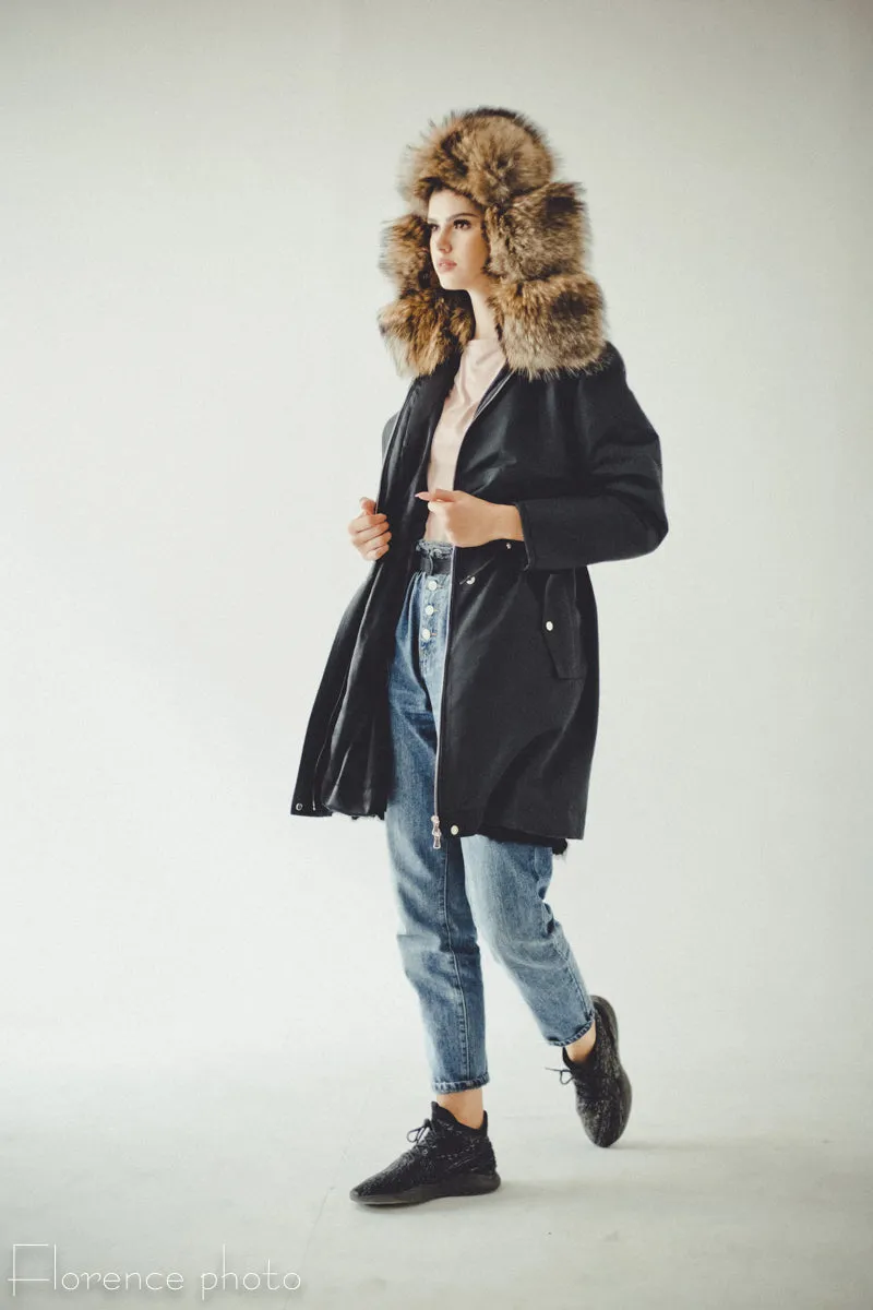 Rabbit Fur Parka Coat (Black)