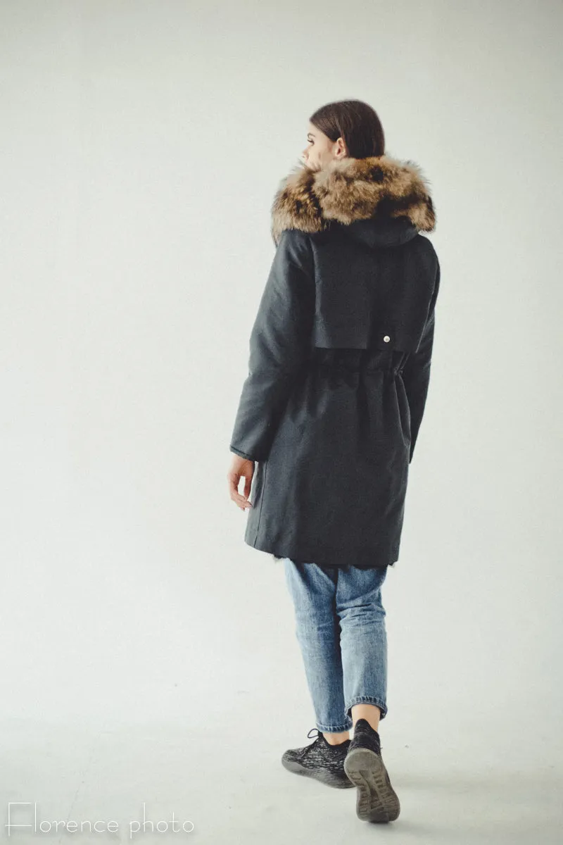 Rabbit Fur Parka Coat (Black)