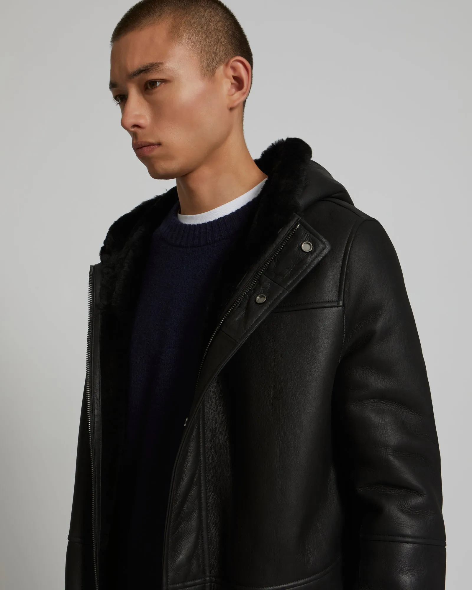 Reversible parka in shearling and leather