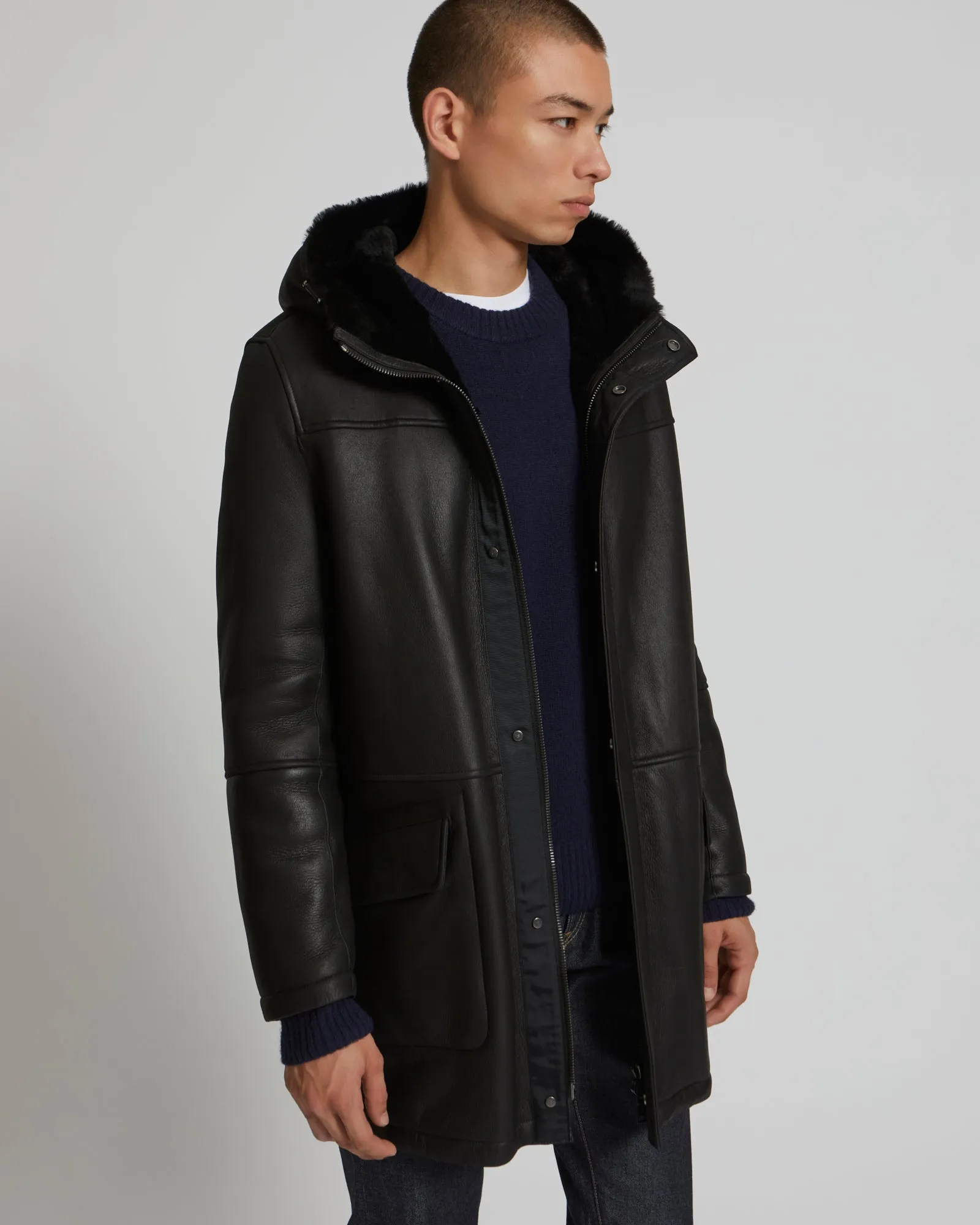 Reversible parka in shearling and leather