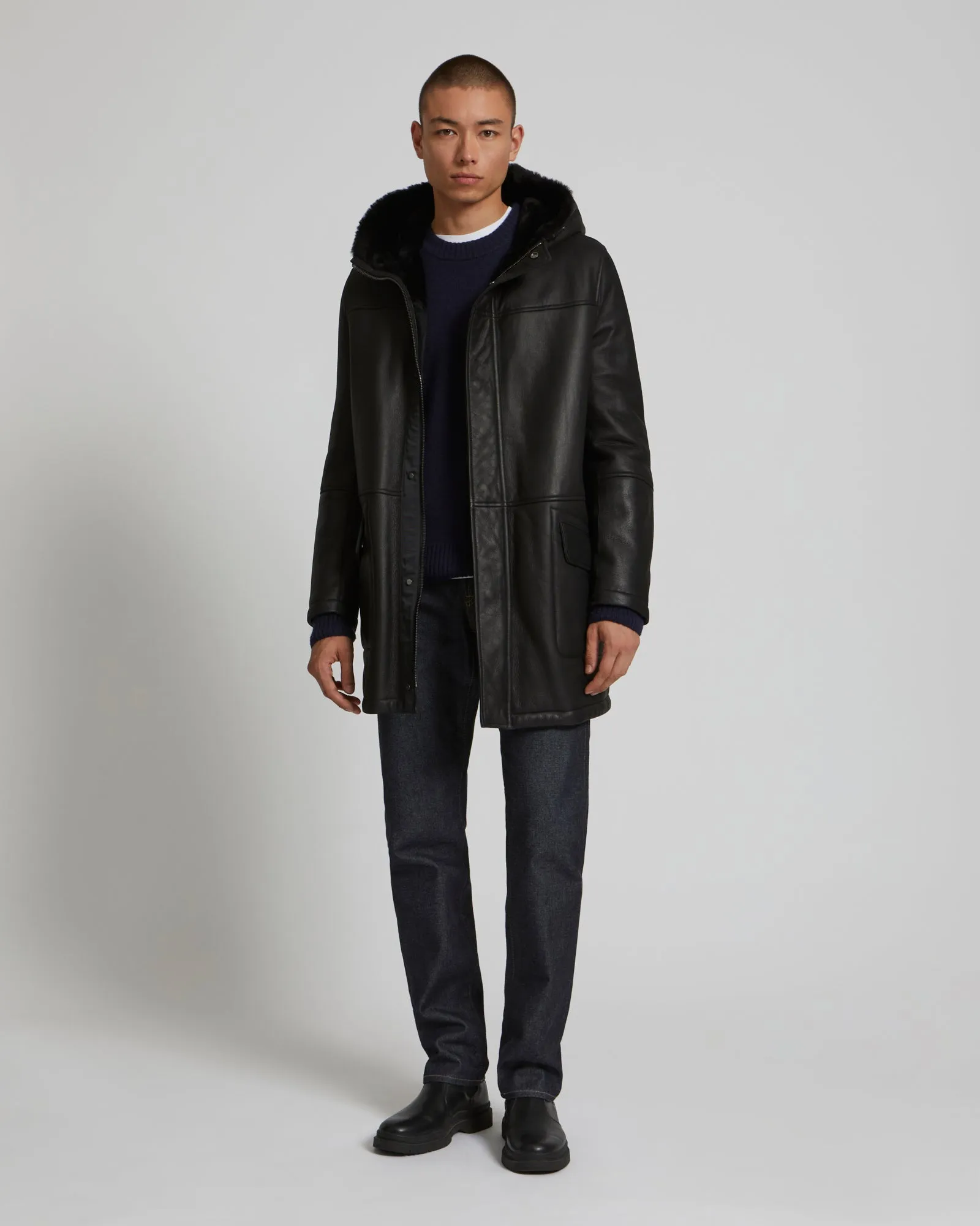 Reversible parka in shearling and leather