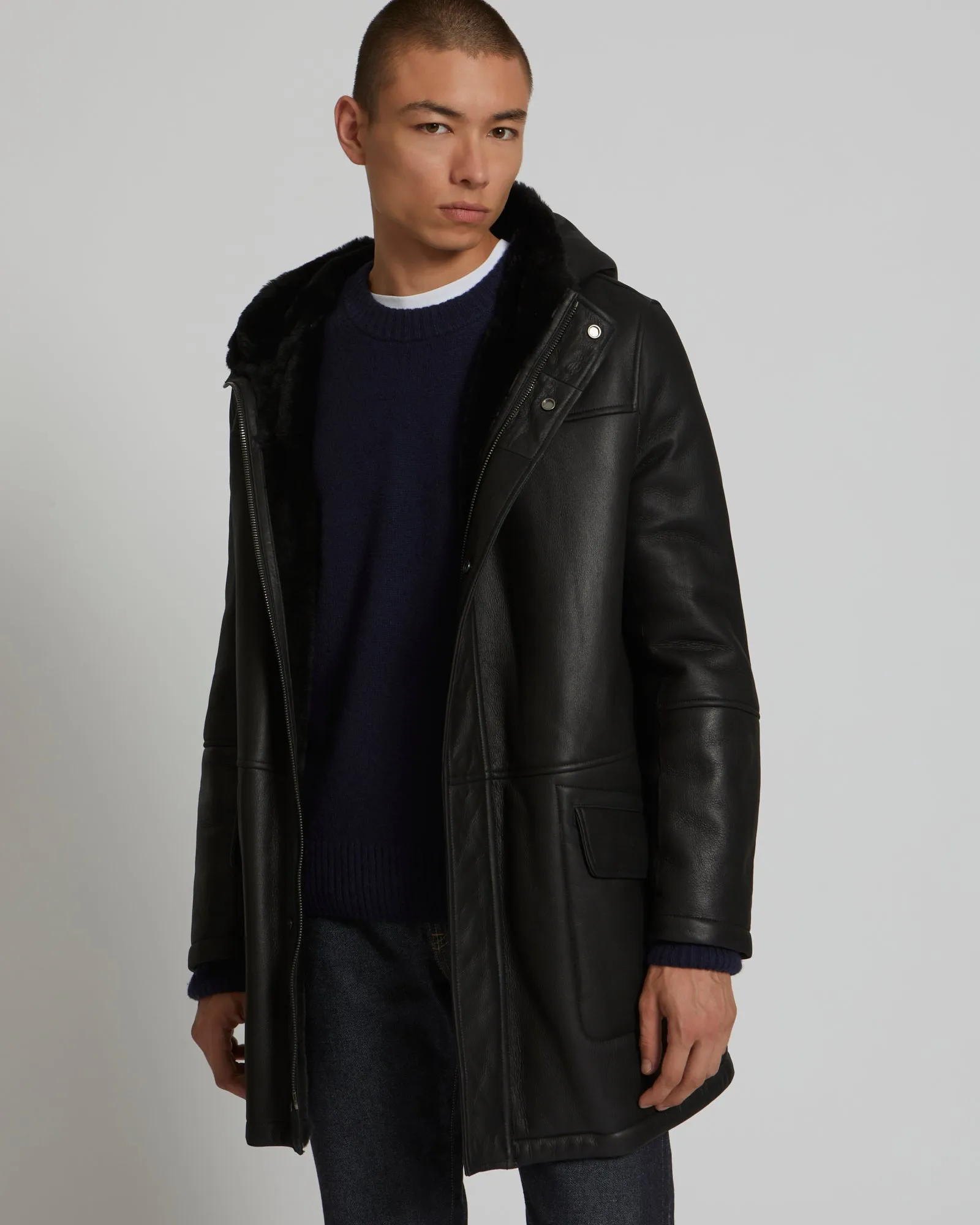 Reversible parka in shearling and leather