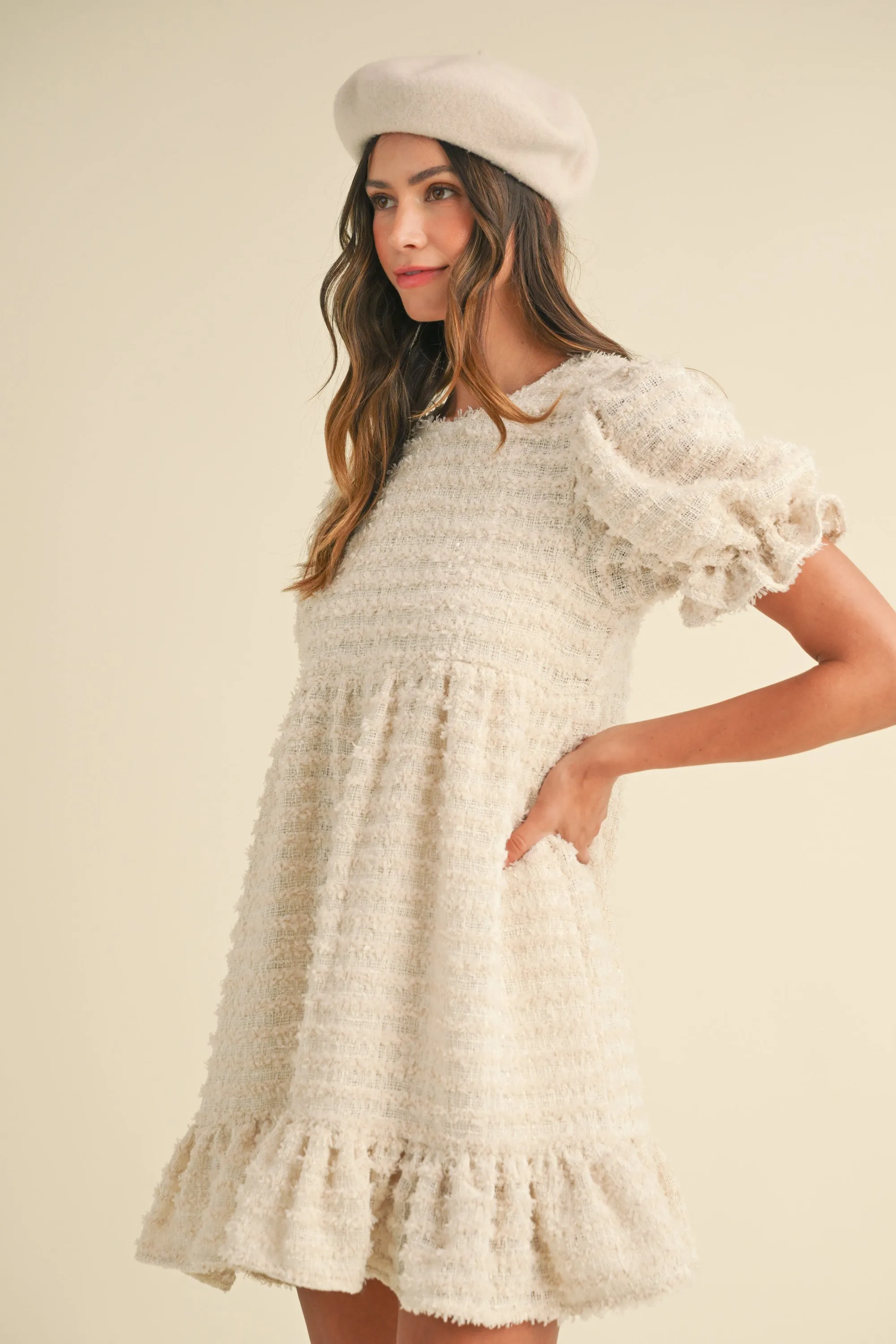 RIALTA FRAYED TEXTURE TIERED MINI DRESS