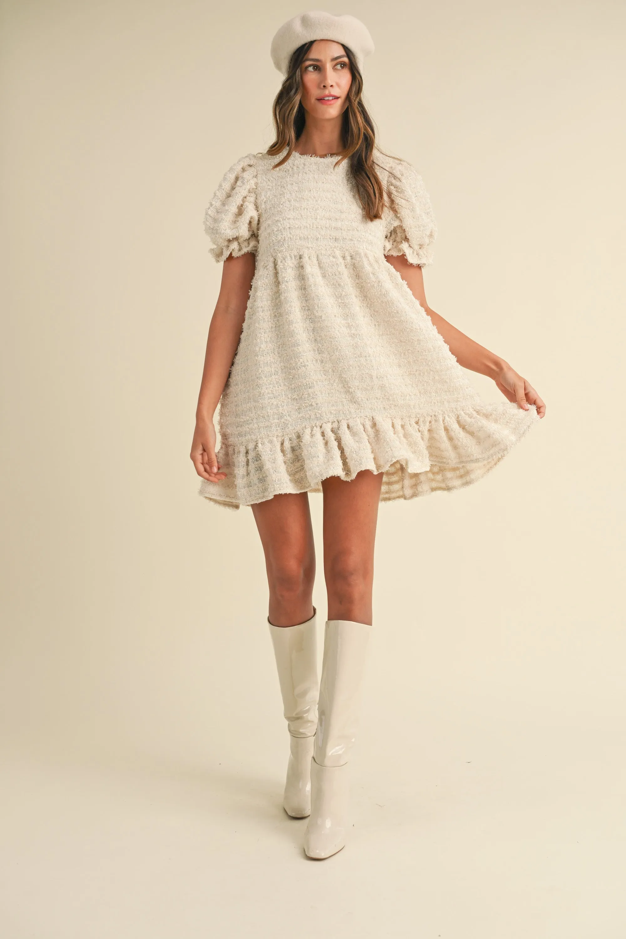 RIALTA FRAYED TEXTURE TIERED MINI DRESS