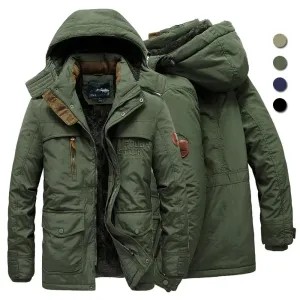 Robust parka jacket for men with detachable hood and pockets