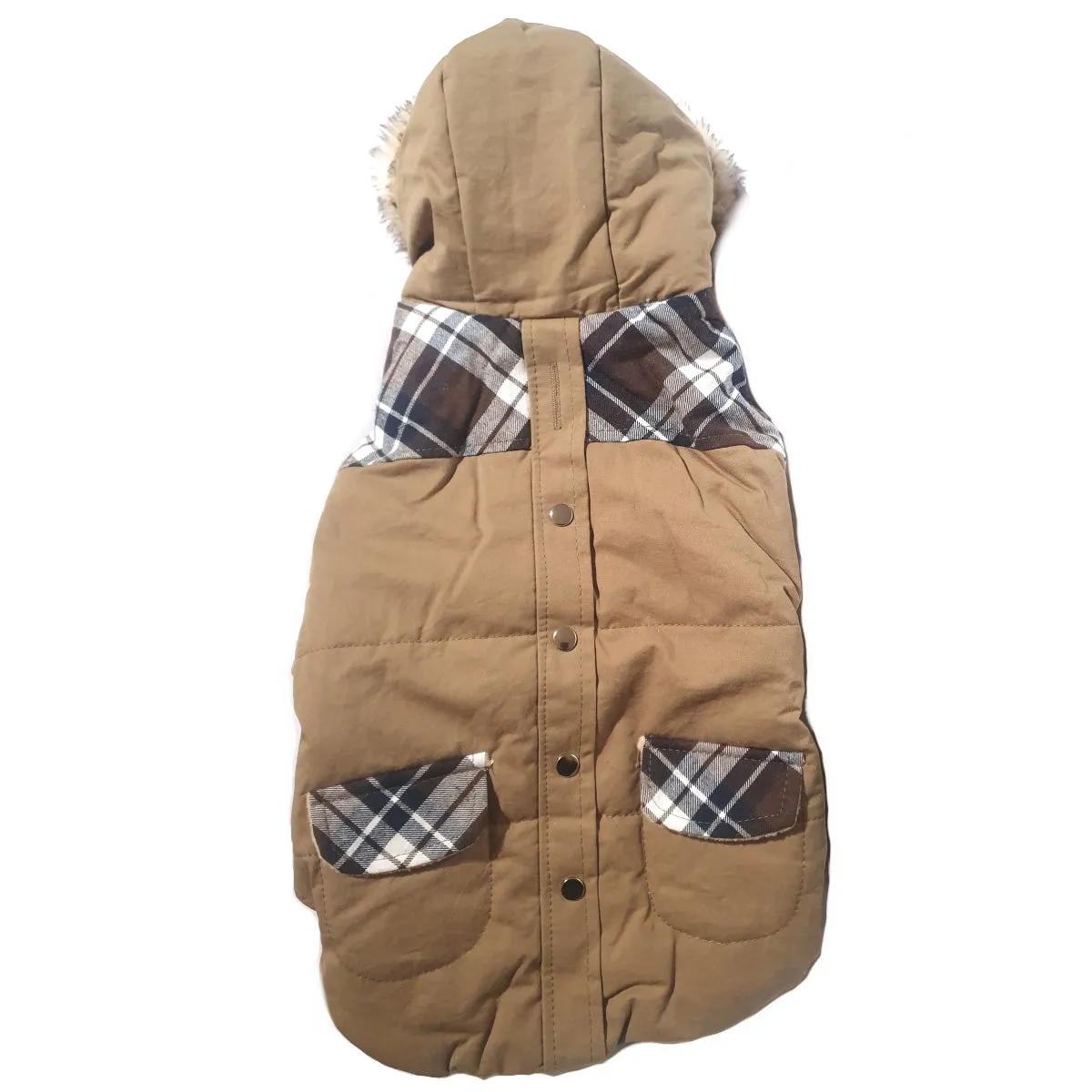 Tan & Tartan Hooded Dog Parka Coat