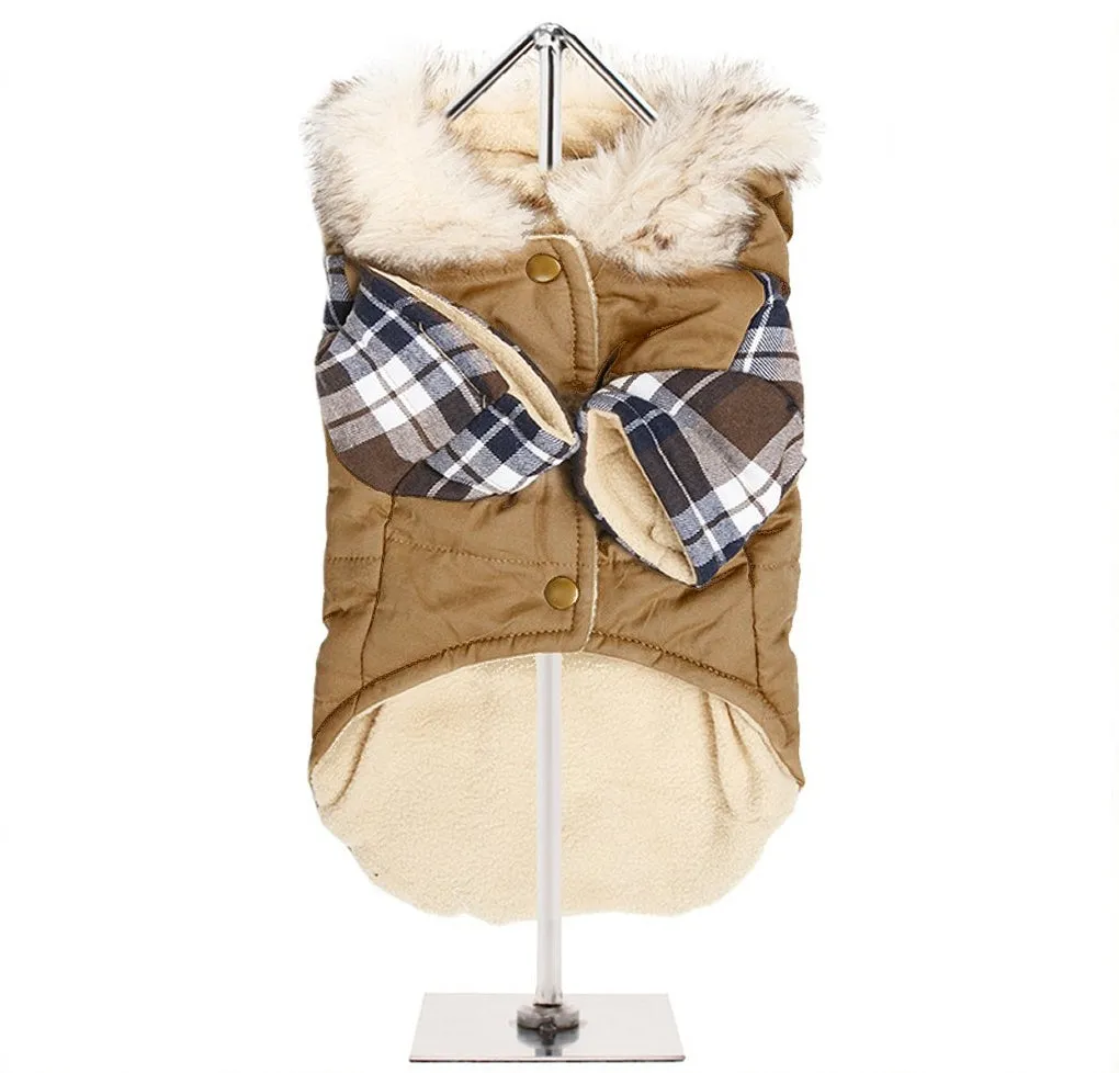 Tan & Tartan Hooded Dog Parka Coat