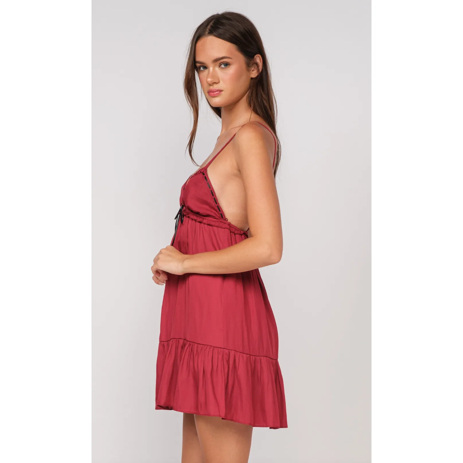 The Miranda Wine Satin Cami Babydoll Mini Dress