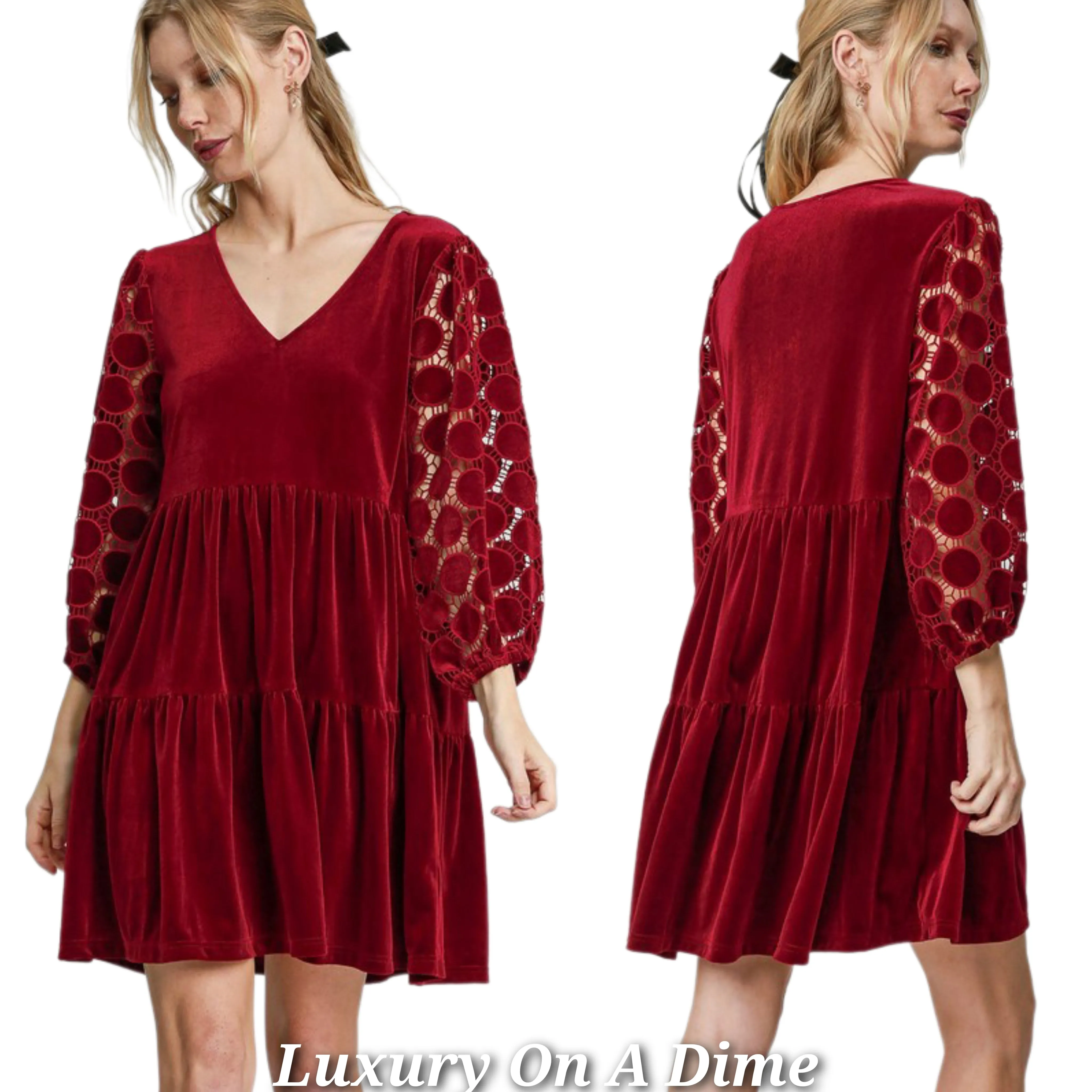 Umgee Lace Velvet Sheer Polka-dot Boho Babydoll Ruffle Long Sleeve Mini Dress