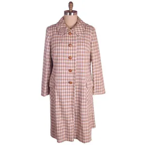 Vintage Ladies Spring Coat Late 1970s Plaid Gray Peach Flattering 44-44-48