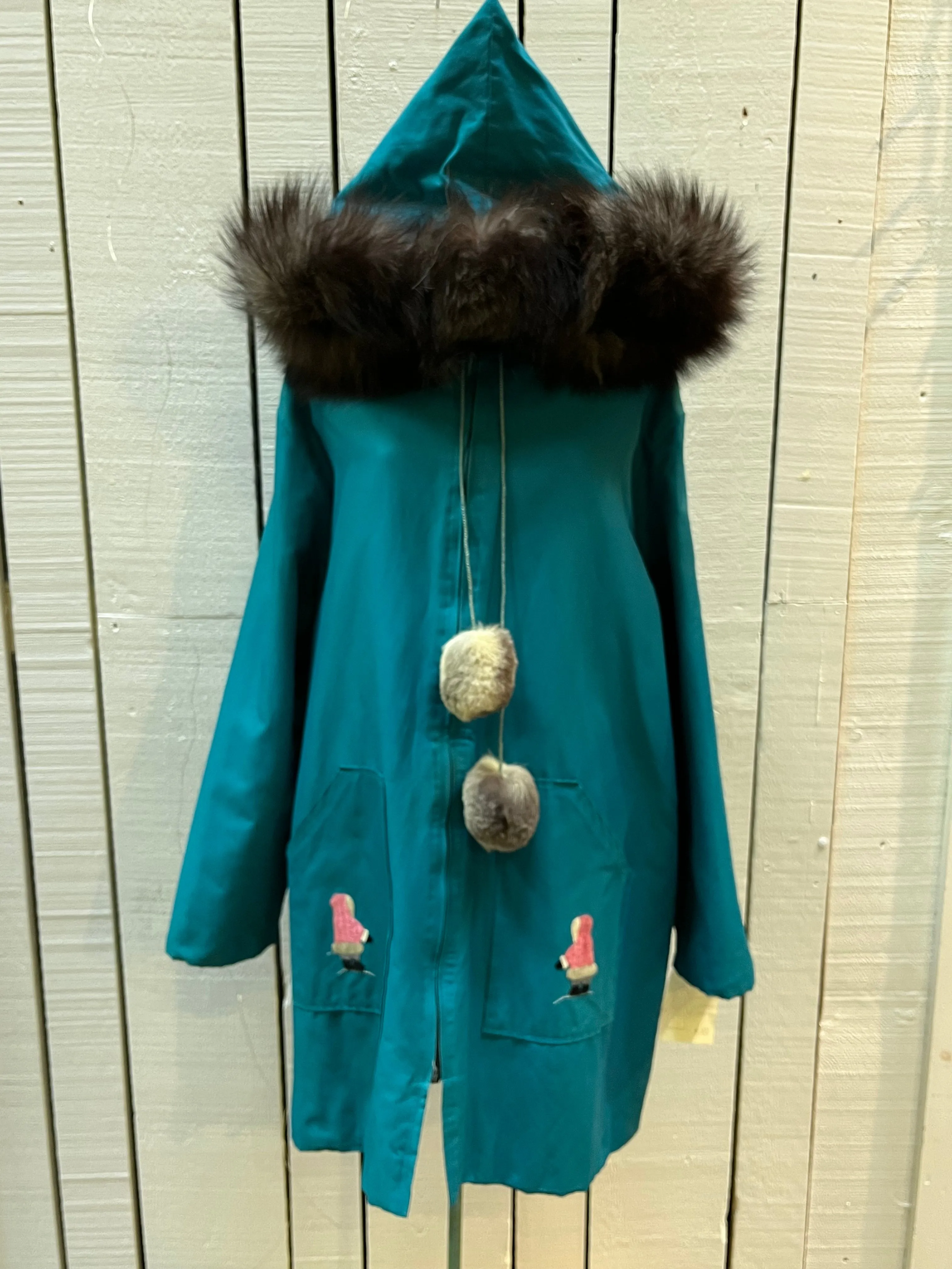 Vintage Teal Northern Parka with Fur Trimmed Hood, Pom Poms and Hand Embroidered Details, Chest 46”