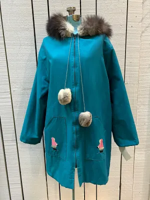 Vintage Teal Northern Parka with Fur Trimmed Hood, Pom Poms and Hand Embroidered Details, Chest 46”