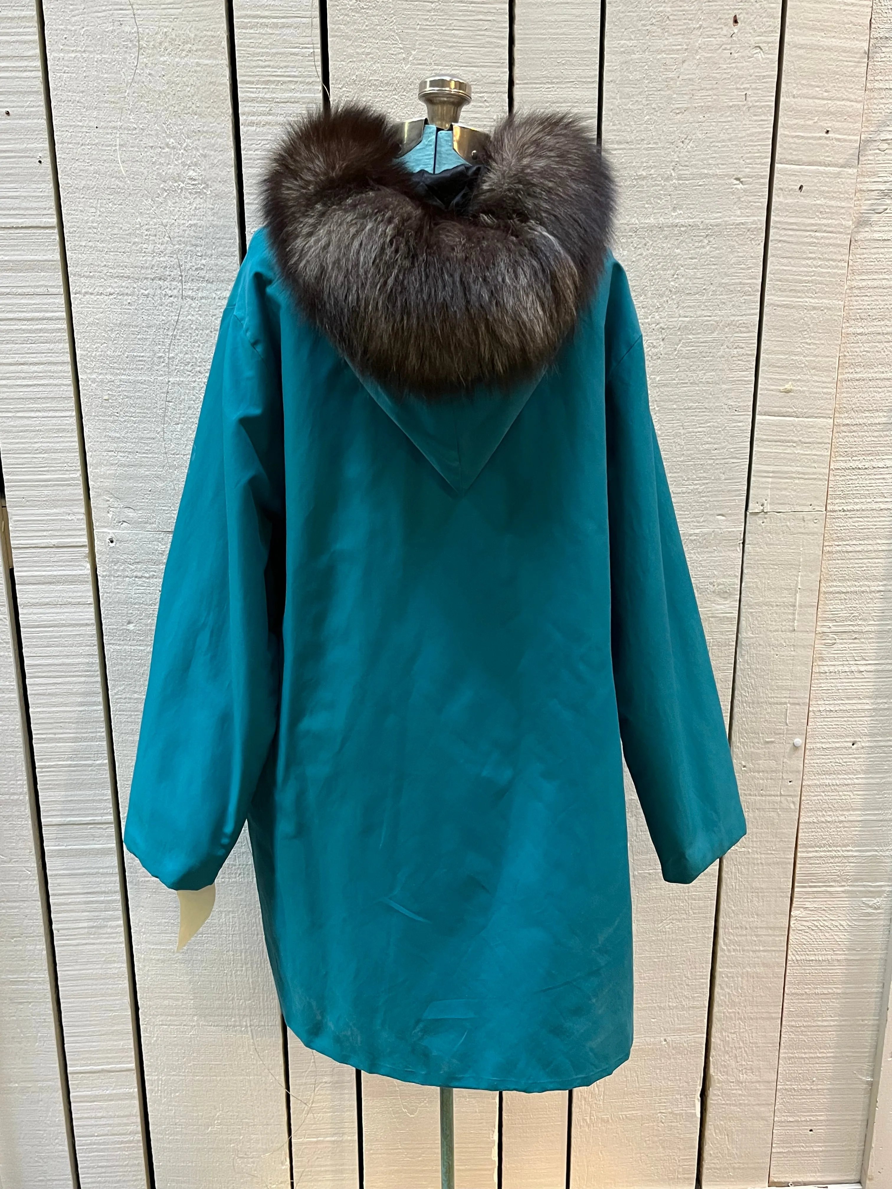 Vintage Teal Northern Parka with Fur Trimmed Hood, Pom Poms and Hand Embroidered Details, Chest 46”