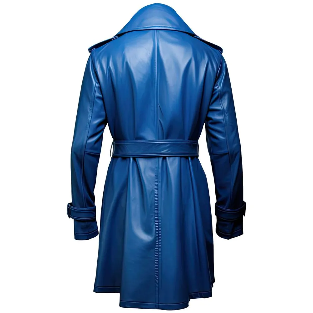 Women’s Blue Double-Breasted Premium Sheepskin Leather Trench Coat