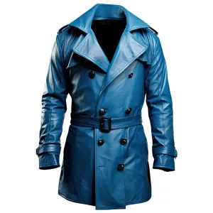 Women’s Blue Double-Breasted Premium Sheepskin Leather Trench Coat